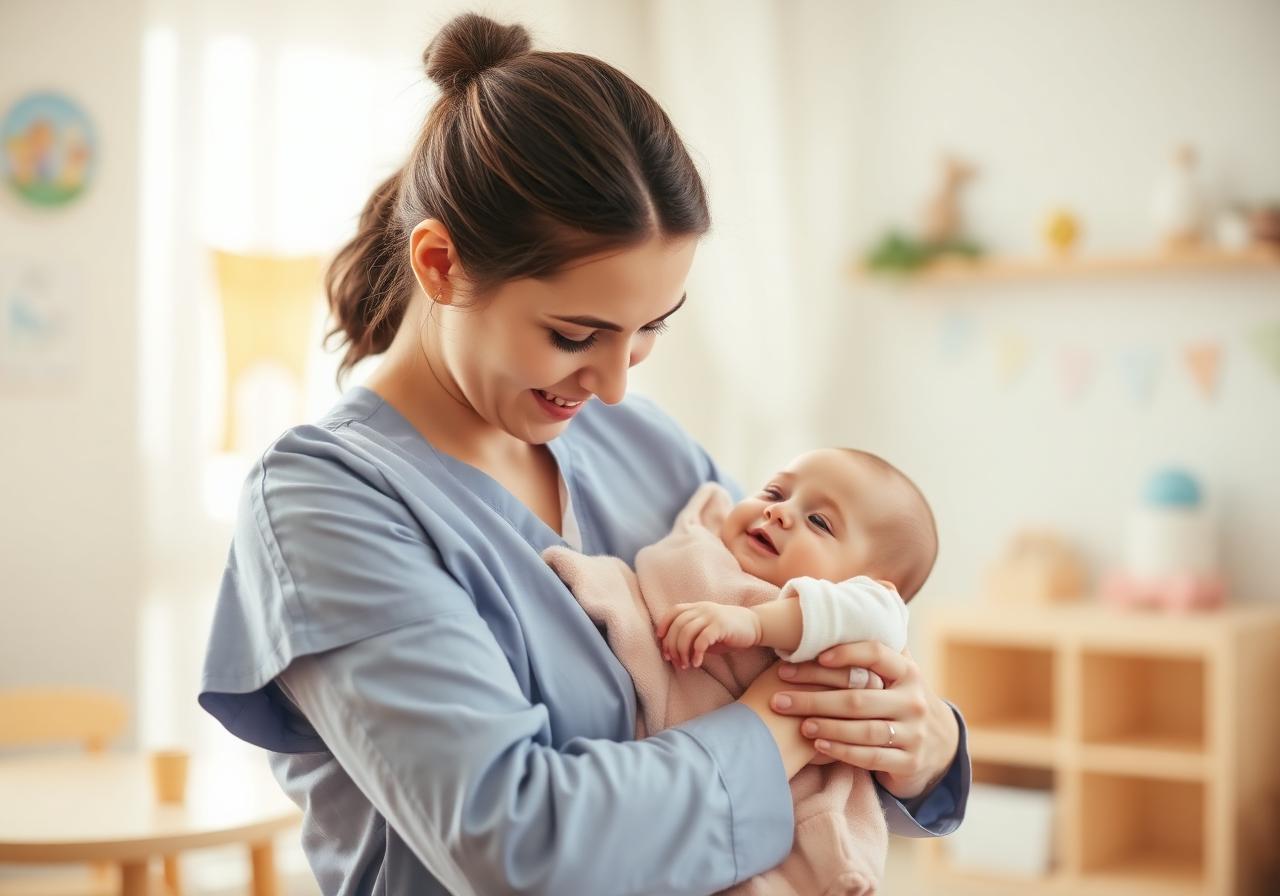 מטפלת מחזיקה תינוק בחיבוק מגונן